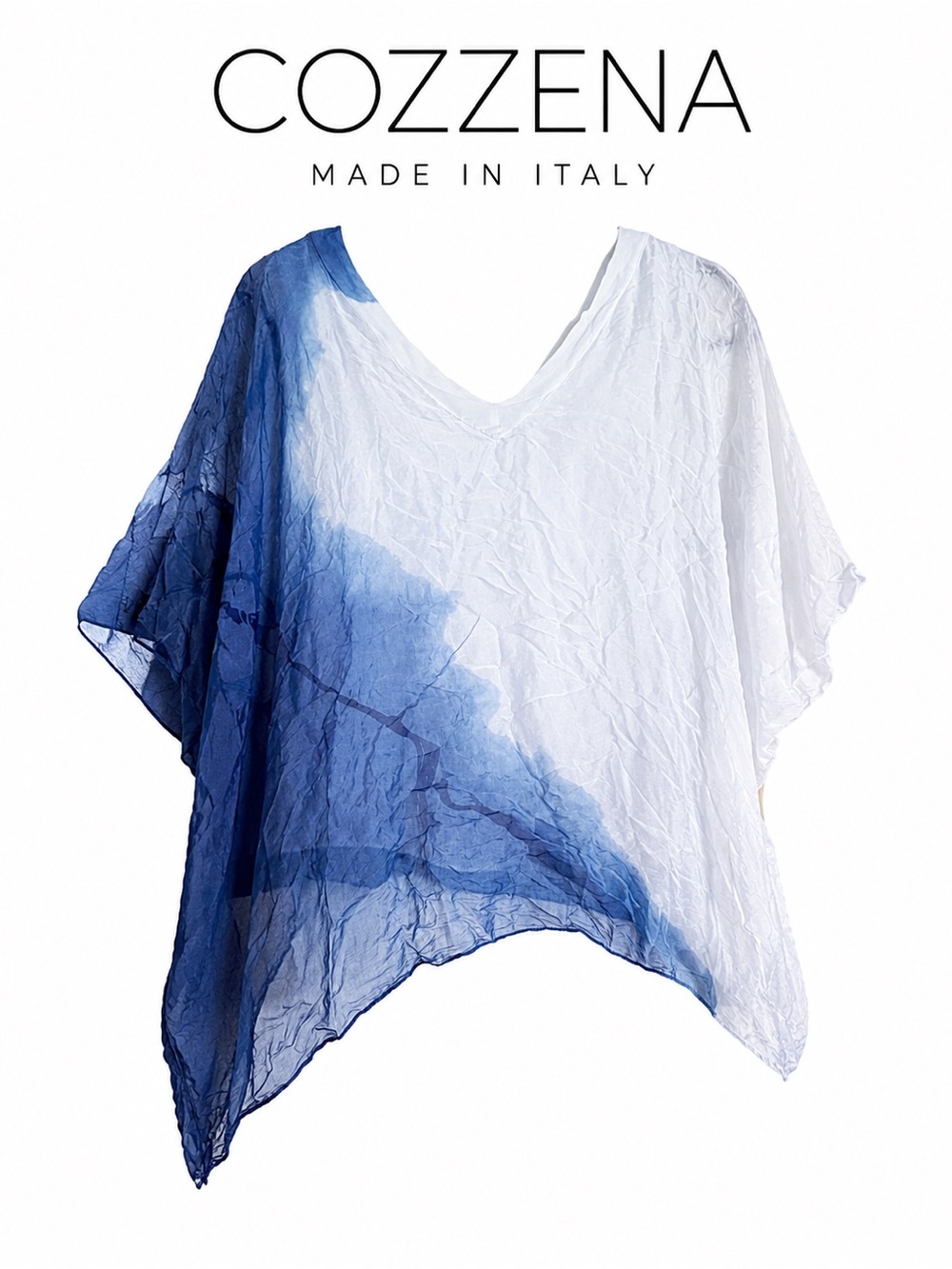 COZZENA Made in Italy Blue Ombre Silk Blend Layered Asymmetrical Tunic Top